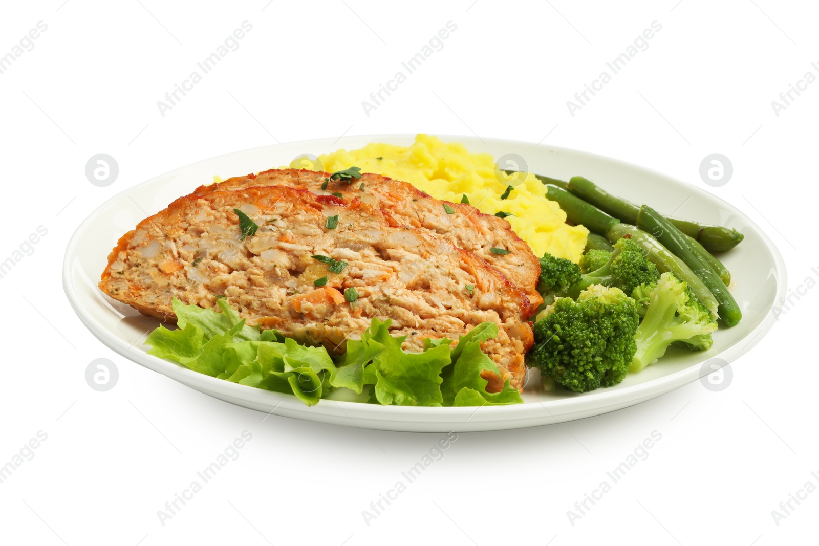 Photo of Delicious baked turkey meatloaf, mashed potato and vegetables isolated on white