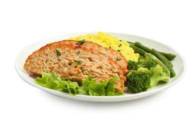 Photo of Delicious baked turkey meatloaf, mashed potato and vegetables isolated on white