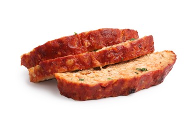 Photo of Slices of Delicious baked turkey meatloaf isolated on white