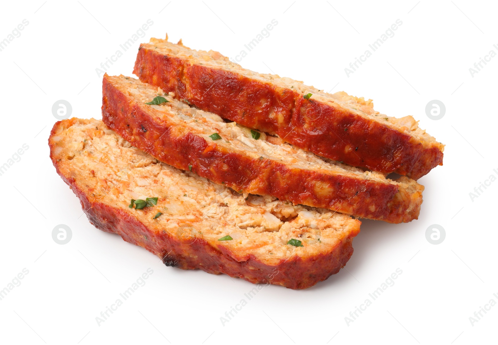 Photo of Slices of Delicious baked turkey meatloaf isolated on white