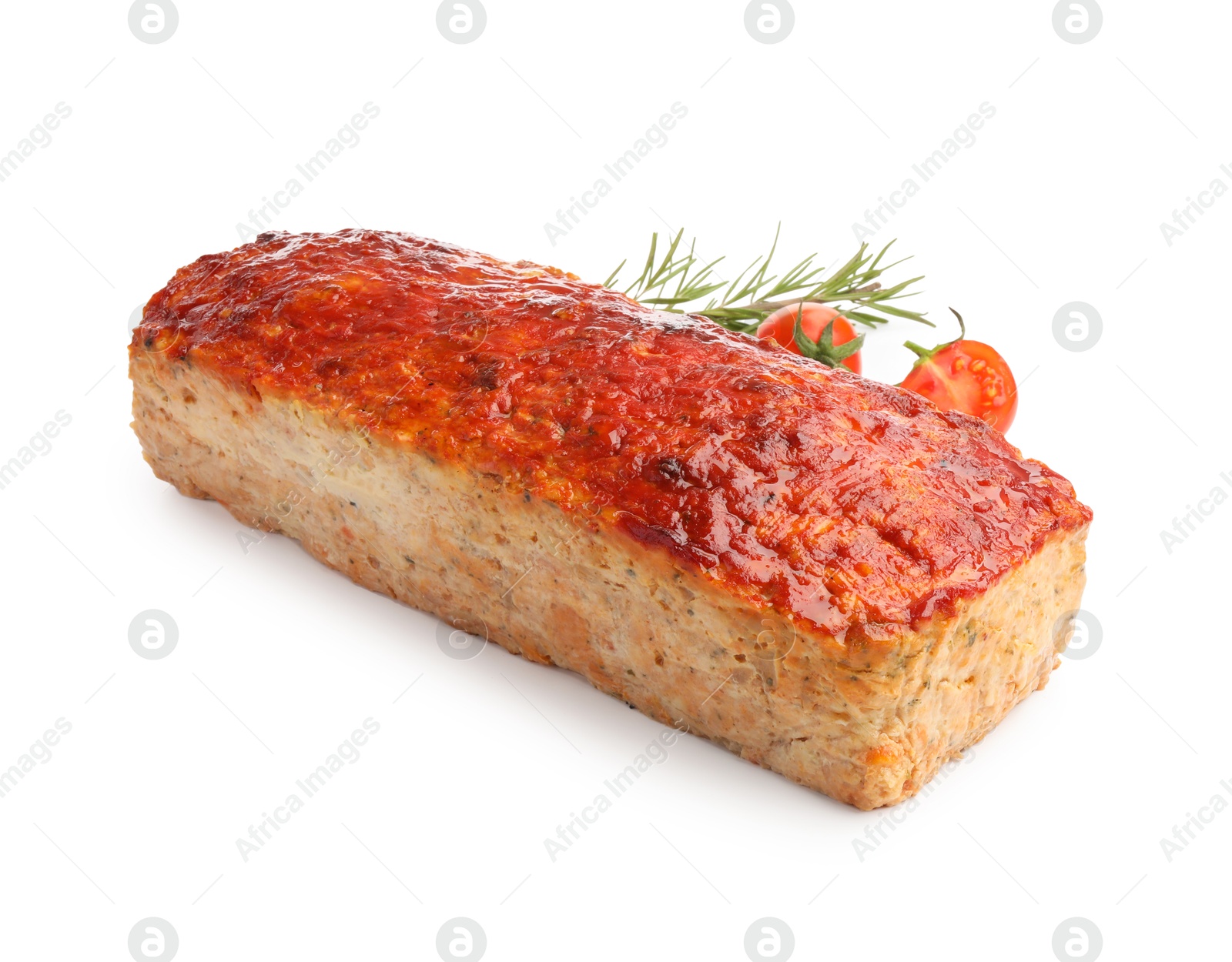 Photo of Delicious baked turkey meatloaf, cherry tomatoes and rosemary isolated on white