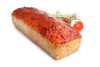 Photo of Delicious baked turkey meatloaf, cherry tomatoes and rosemary isolated on white