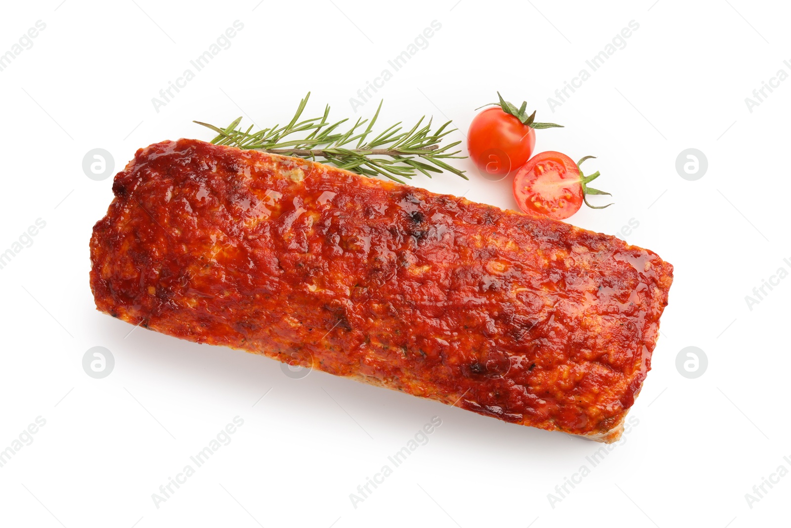 Photo of Delicious baked turkey meatloaf, cherry tomatoes and rosemary isolated on white, top view