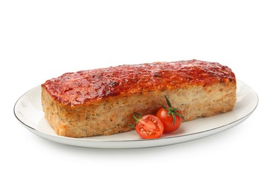 Photo of Delicious baked turkey meatloaf and cherry tomatoes isolated on white