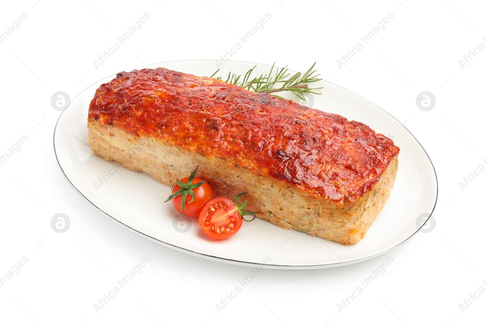 Photo of Delicious baked turkey meatloaf, cherry tomatoes and rosemary isolated on white