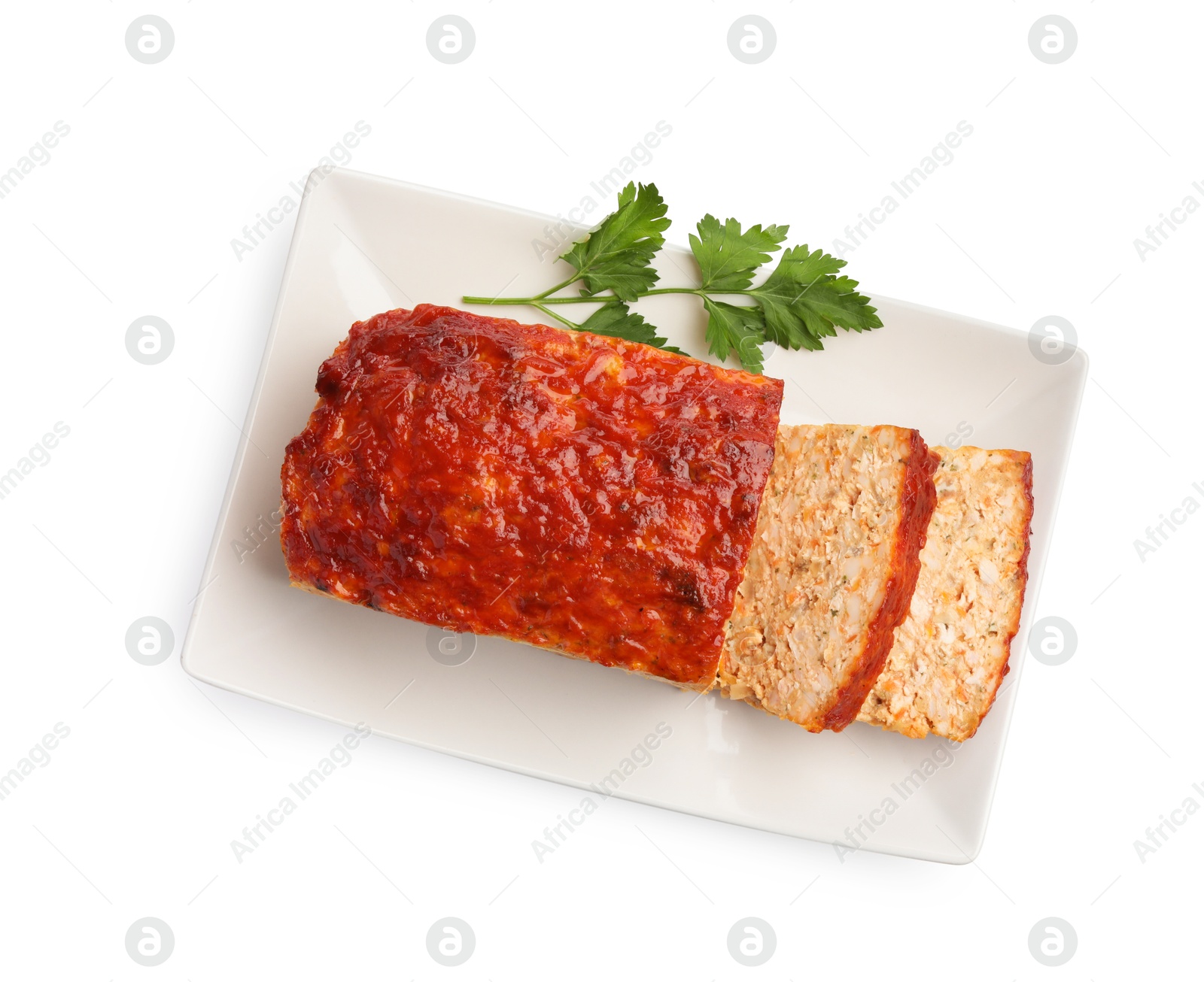 Photo of Delicious baked turkey meatloaf with parsley isolated on white, top view