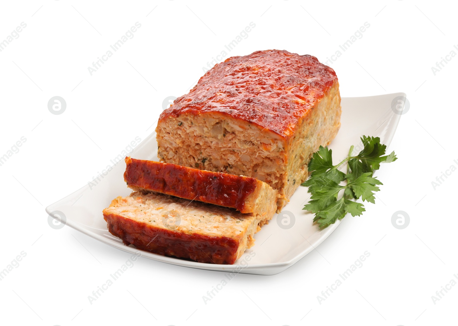 Photo of Delicious baked turkey meatloaf with parsley isolated on white