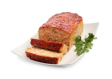 Photo of Delicious baked turkey meatloaf with parsley isolated on white