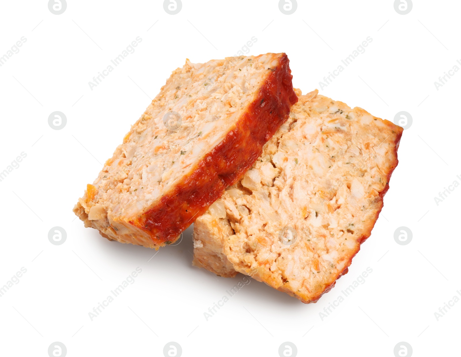 Photo of Slices of delicious baked turkey meatloaf isolated on white