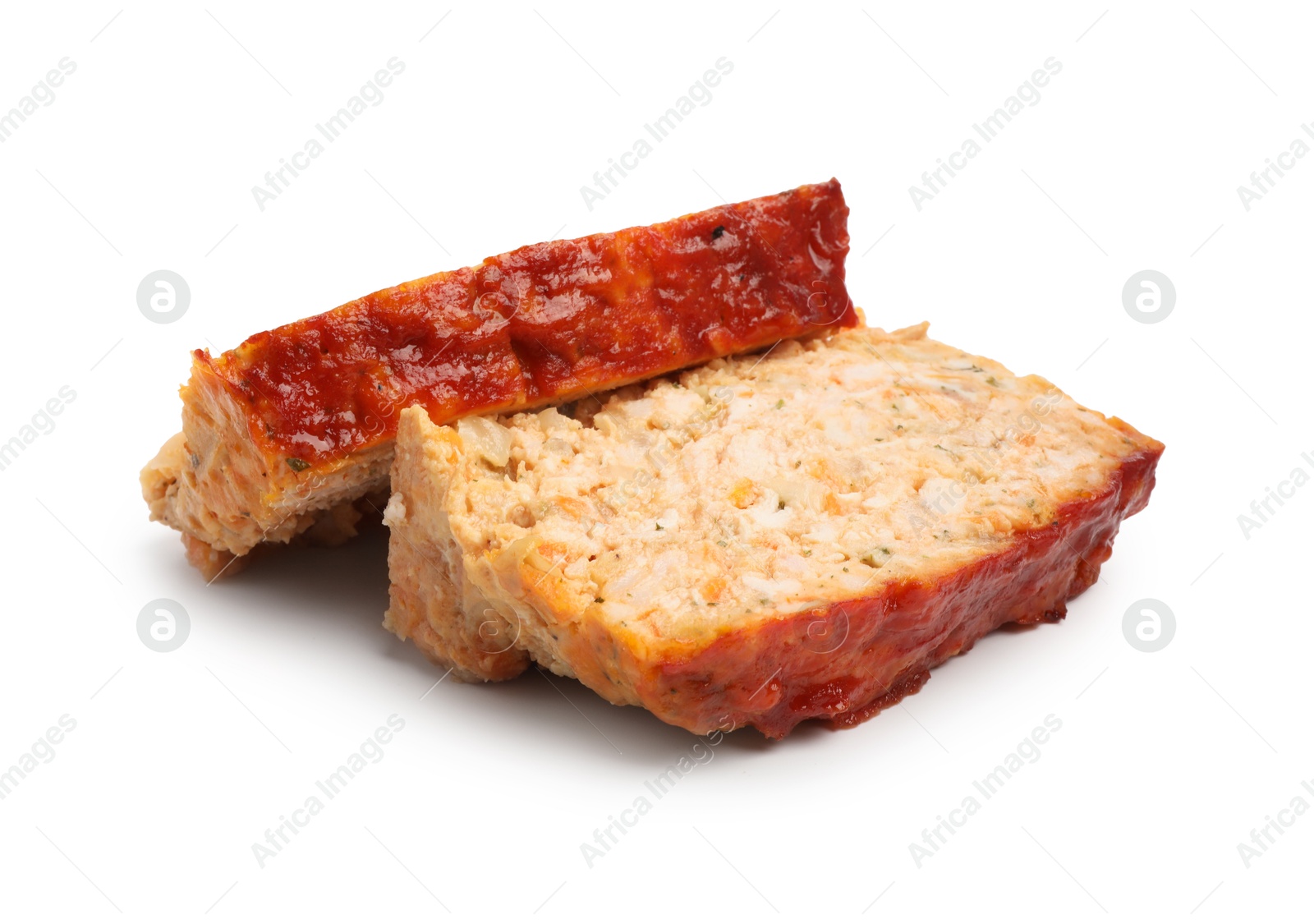 Photo of Slices of delicious baked turkey meatloaf isolated on white