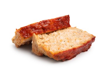 Photo of Slices of delicious baked turkey meatloaf isolated on white