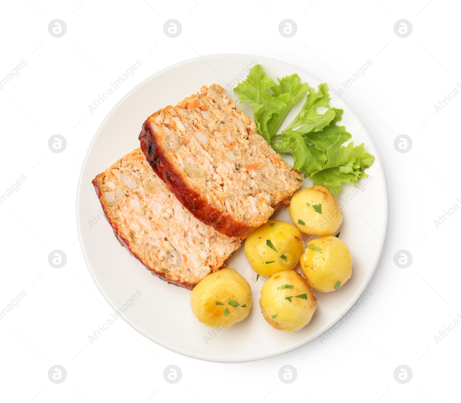 Photo of Delicious baked turkey meatloaf, potatoes and lettuce isolated on white, top view