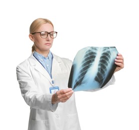 Photo of Doctor examining chest x-ray on white background