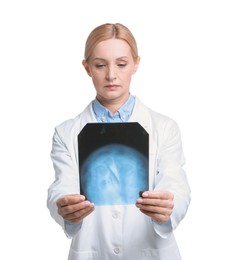 Photo of Doctor examining x-ray image of paranasal sinuses on white background