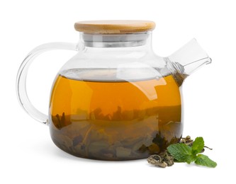 Photo of Aromatic mint tea, fresh and dried leaves isolated on white