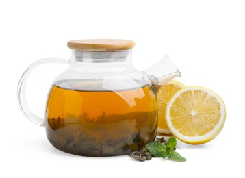 Photo of Aromatic mint tea with lemon, fresh and dried leaves isolated on white