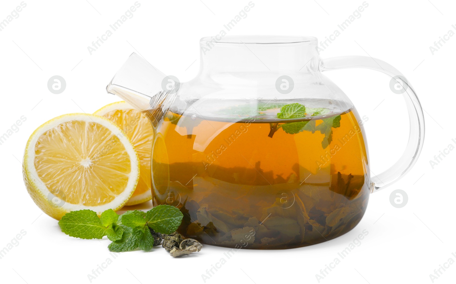 Photo of Aromatic mint tea with lemon, fresh and dried leaves isolated on white