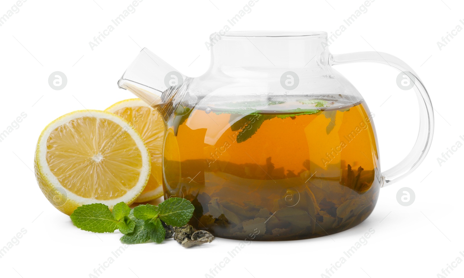 Photo of Aromatic mint tea with lemon, fresh and dried leaves isolated on white