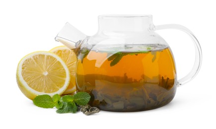 Photo of Aromatic mint tea with lemon, fresh and dried leaves isolated on white