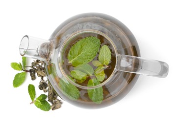 Photo of Aromatic mint tea, fresh and dried leaves isolated on white