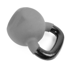 Photo of One metal kettlebell isolated on white. Sports equipment