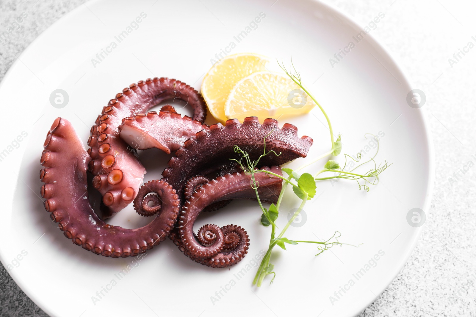 Photo of Appetizing octopus tentacles on grey table, closeup