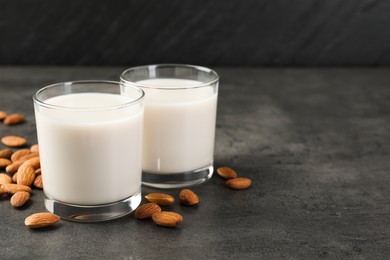 Photo of Fresh almond milk in glasses and nuts on dark grey table, space for text