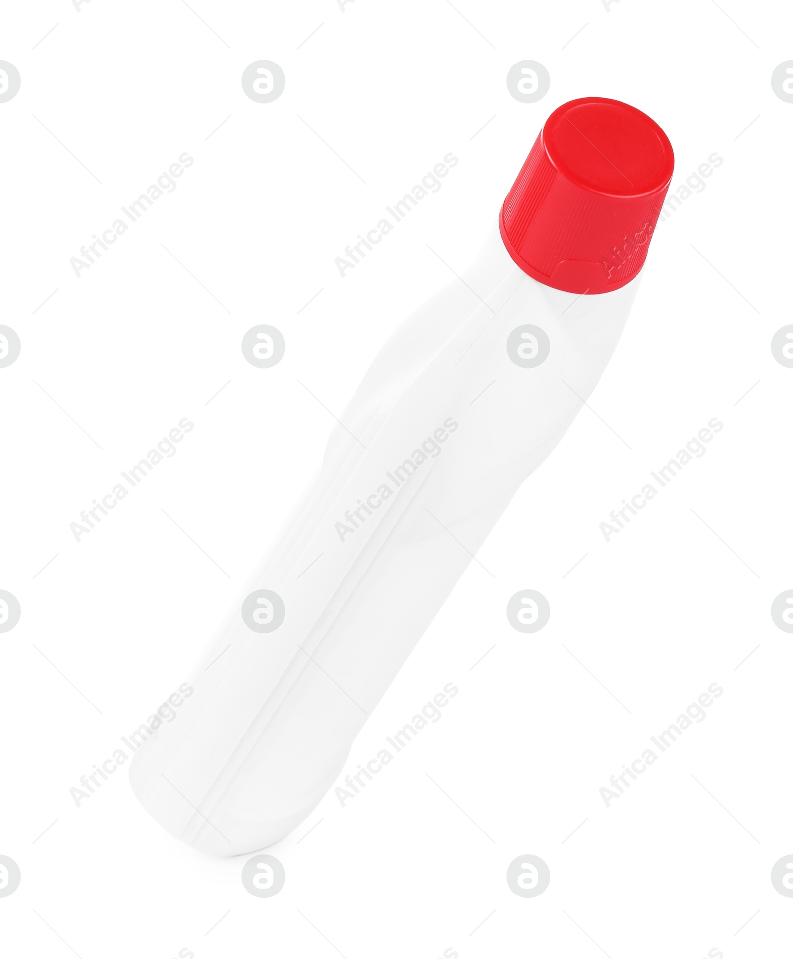 Photo of Bottle of cleaning product in air isolated on white