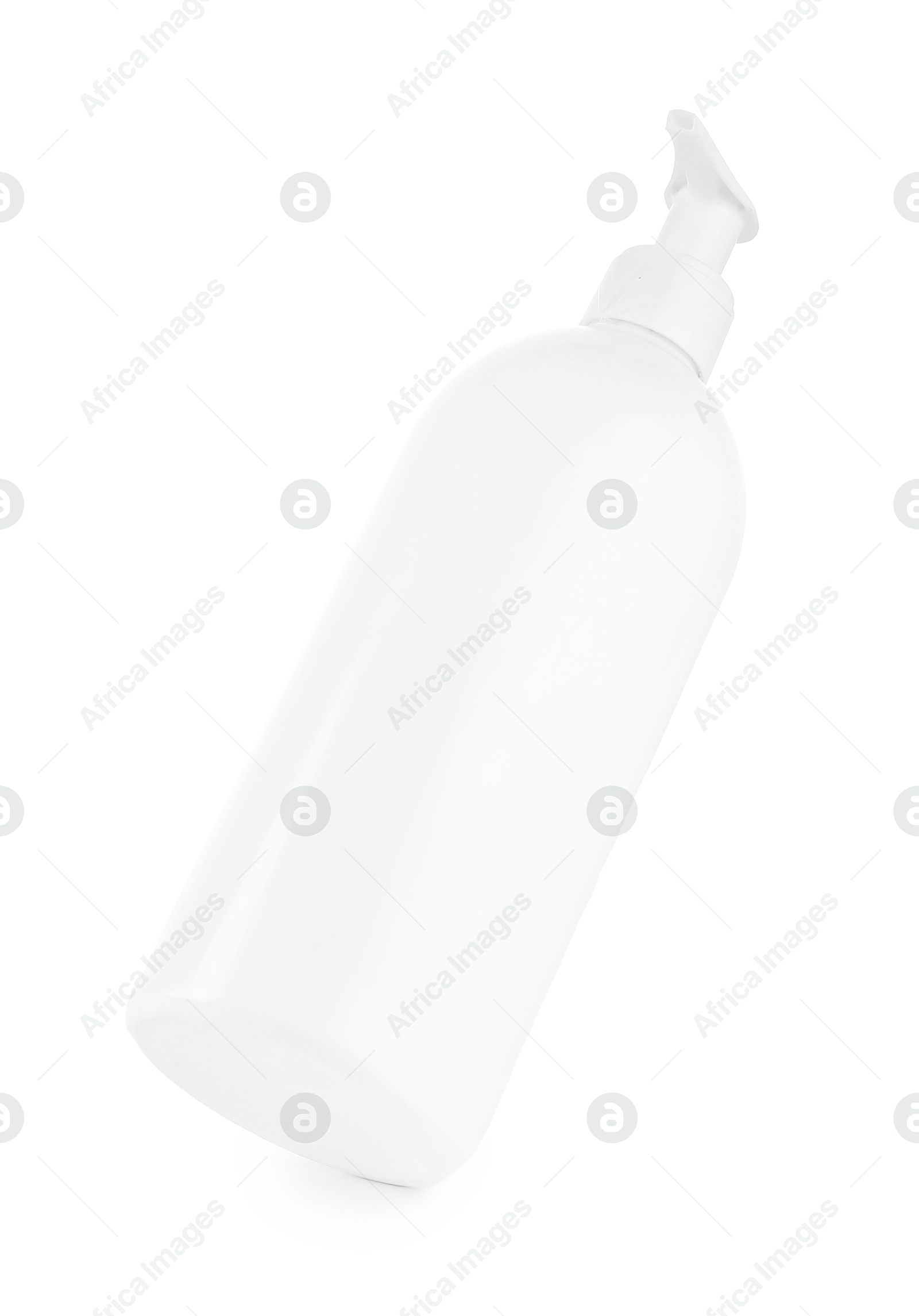 Photo of Bottle of cleaning product in air isolated on white