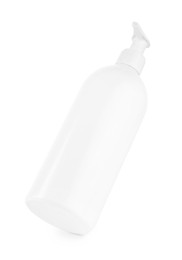 Photo of Bottle of cleaning product in air isolated on white