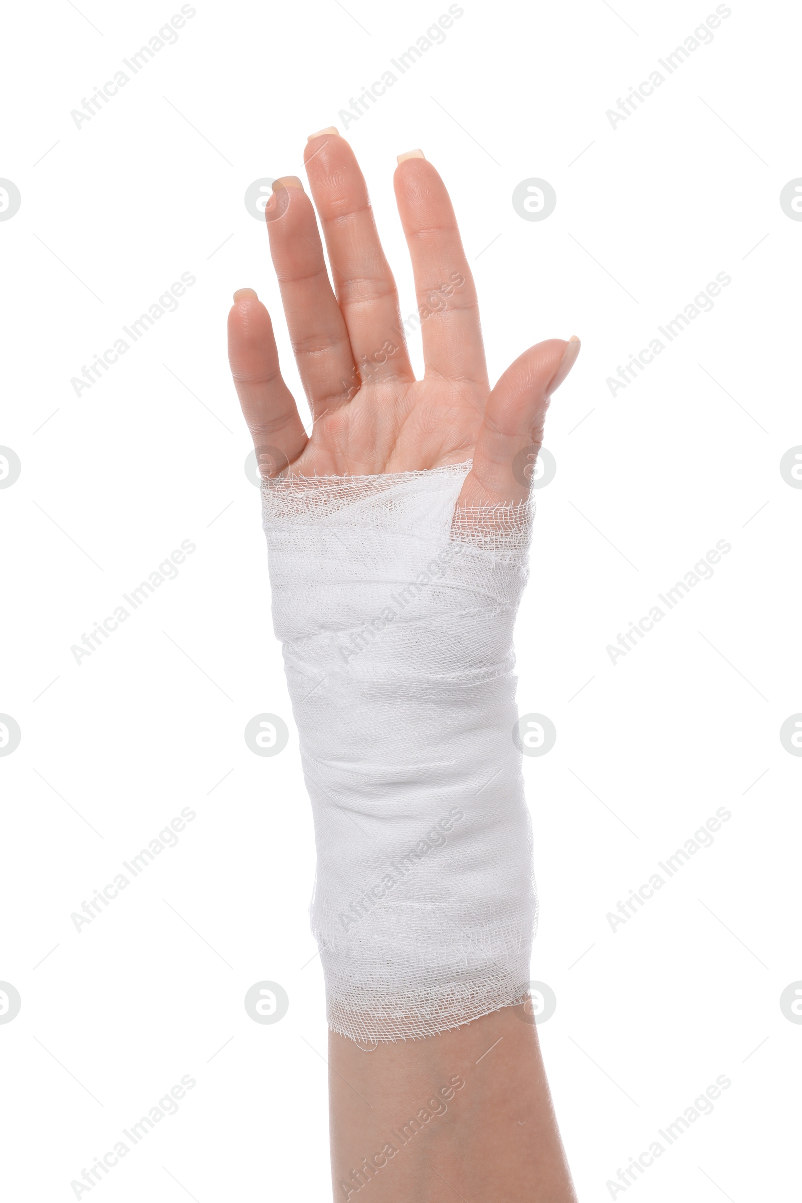 Photo of Woman with medical bandage on wrist against white background, closeup