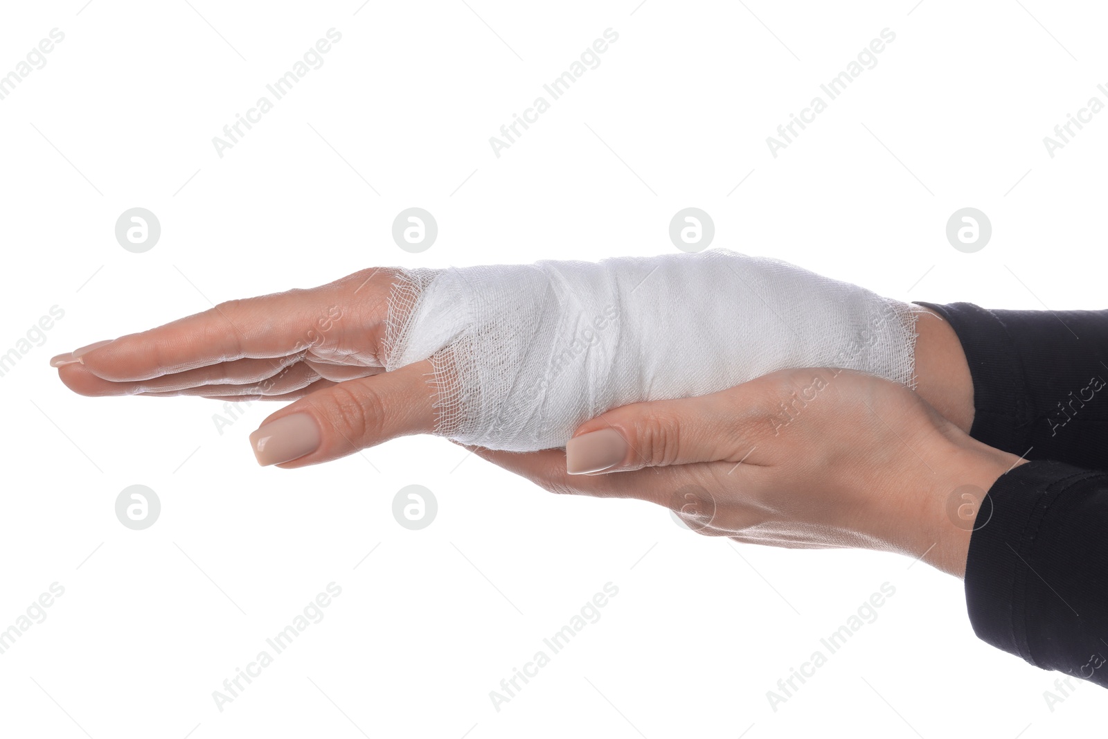 Photo of Woman with medical bandage on wrist against white background, closeup