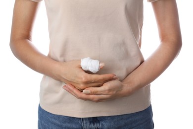 Photo of Woman with medical bandage on finger against white background, closeup