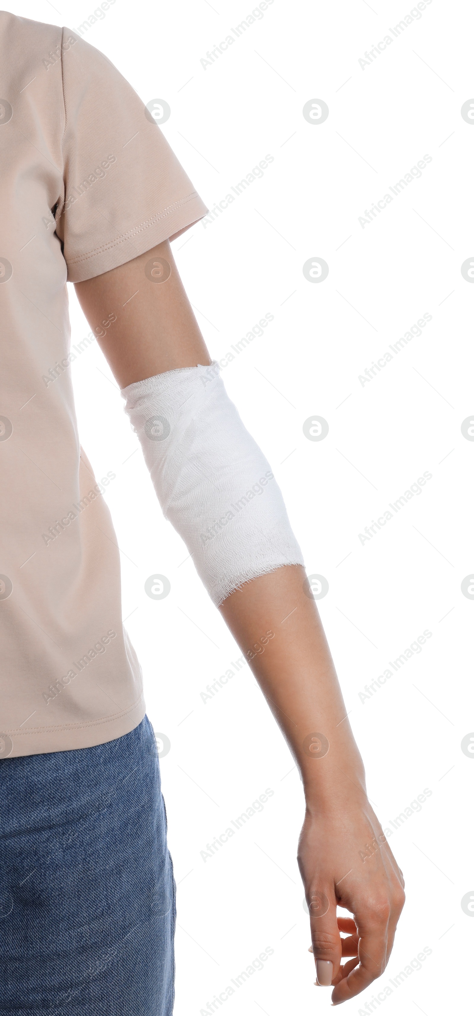 Photo of Woman with medical bandage on elbow against white background, closeup