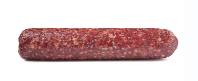 Photo of Delicious dry cured sausage isolated on white