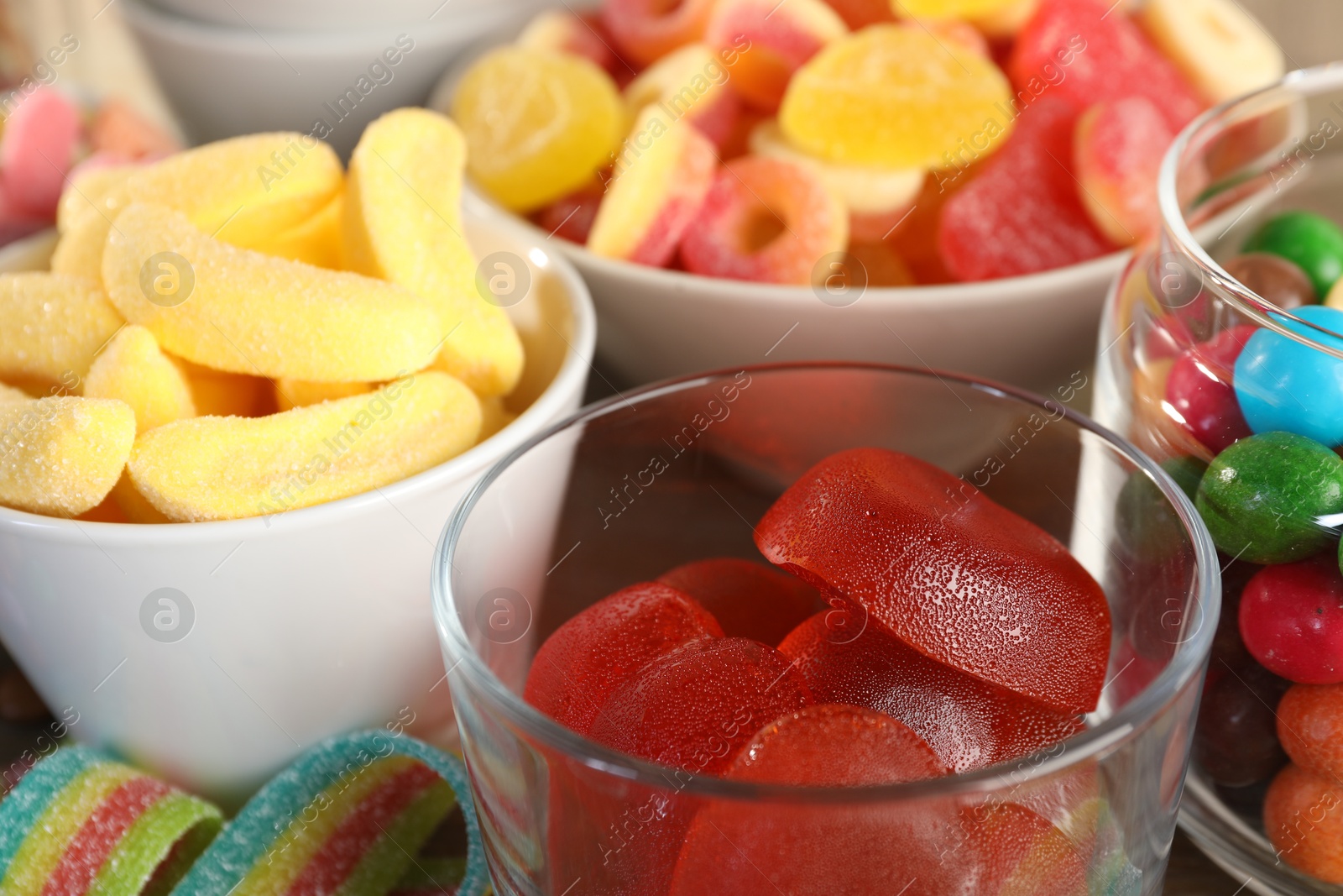 Photo of Candy bar. Many different sweets on table, closeup