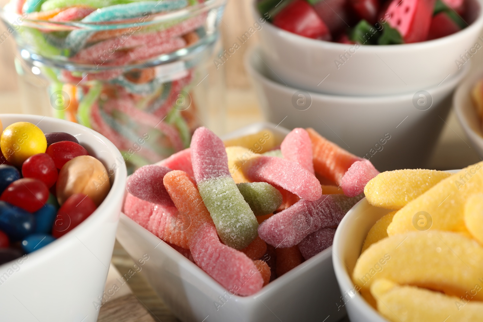 Photo of Candy bar. Many different sweets on table, closeup