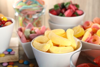 Photo of Candy bar. Many different sweets on table, closeup