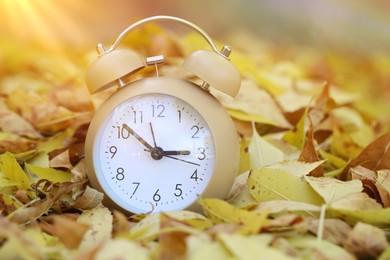 Photo of Autumn time. Alarm clock on fallen leaves, closeup