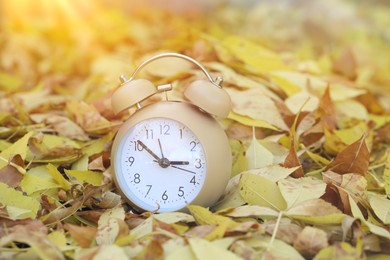 Photo of Autumn time. Alarm clock on fallen leaves, closeup