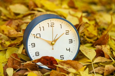 Photo of Autumn time. Alarm clock on fallen leaves, closeup