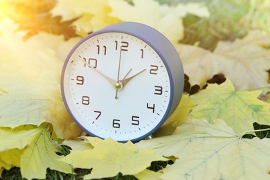 Photo of Autumn time. Alarm clock among fallen leaves on green grass, closeup