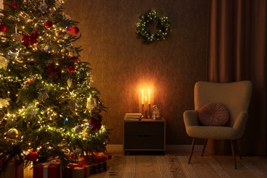 Photo of Cozy room with Christmas, cabinet and armchair. Interior design for holiday