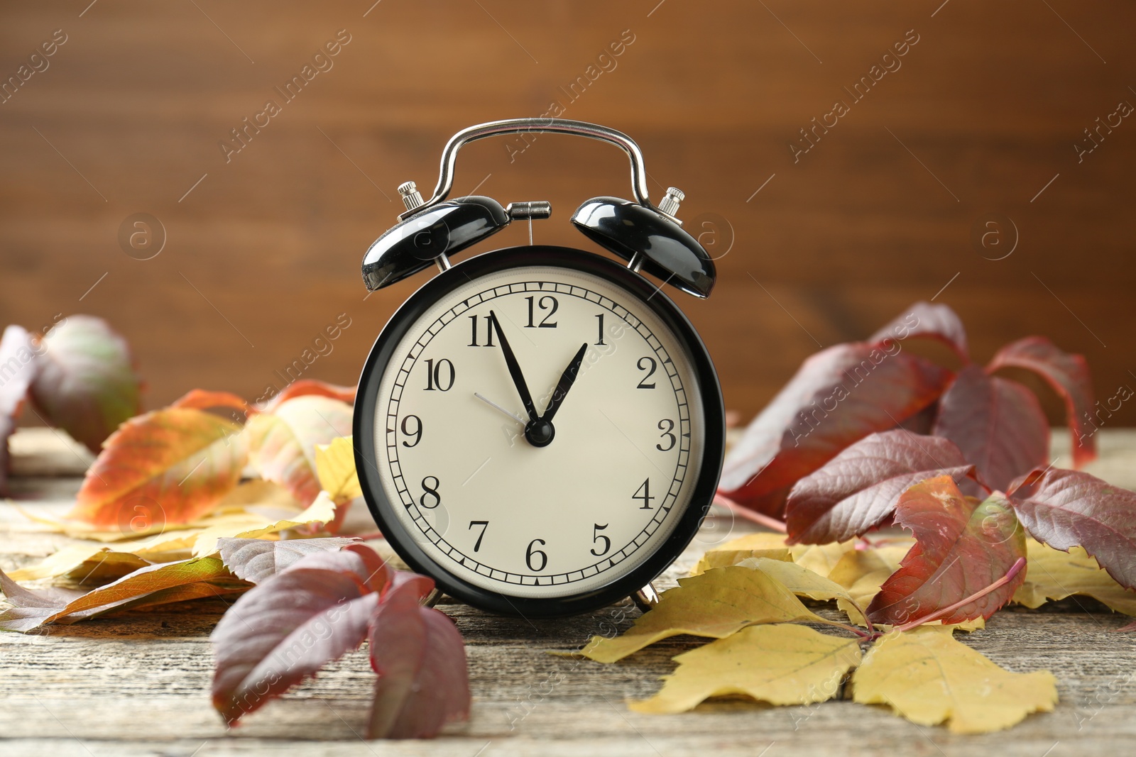 Photo of Autumn time. Alarm clock among leaves on wooden table, closeup