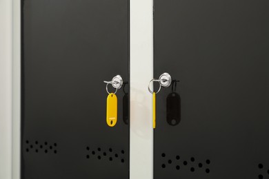 Modern lockers with bright keys, closeup view