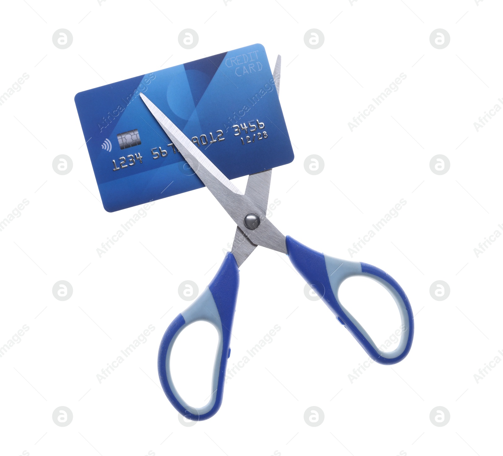 Photo of Credit card and scissors isolated on white