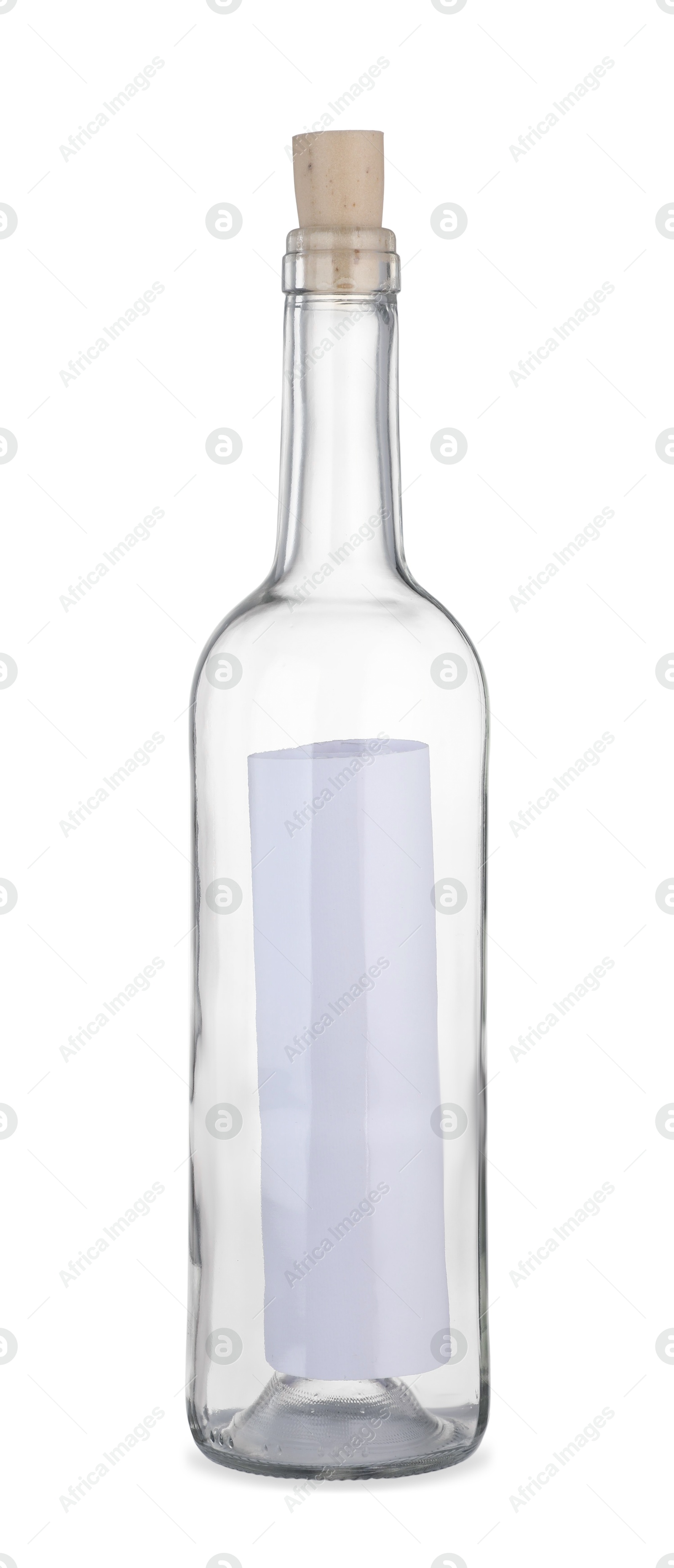 Photo of Corked glass bottle with rolled letter isolated on white