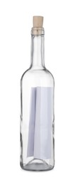 Photo of Corked glass bottle with rolled letter isolated on white