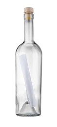 Photo of Corked glass bottle with rolled letter isolated on white