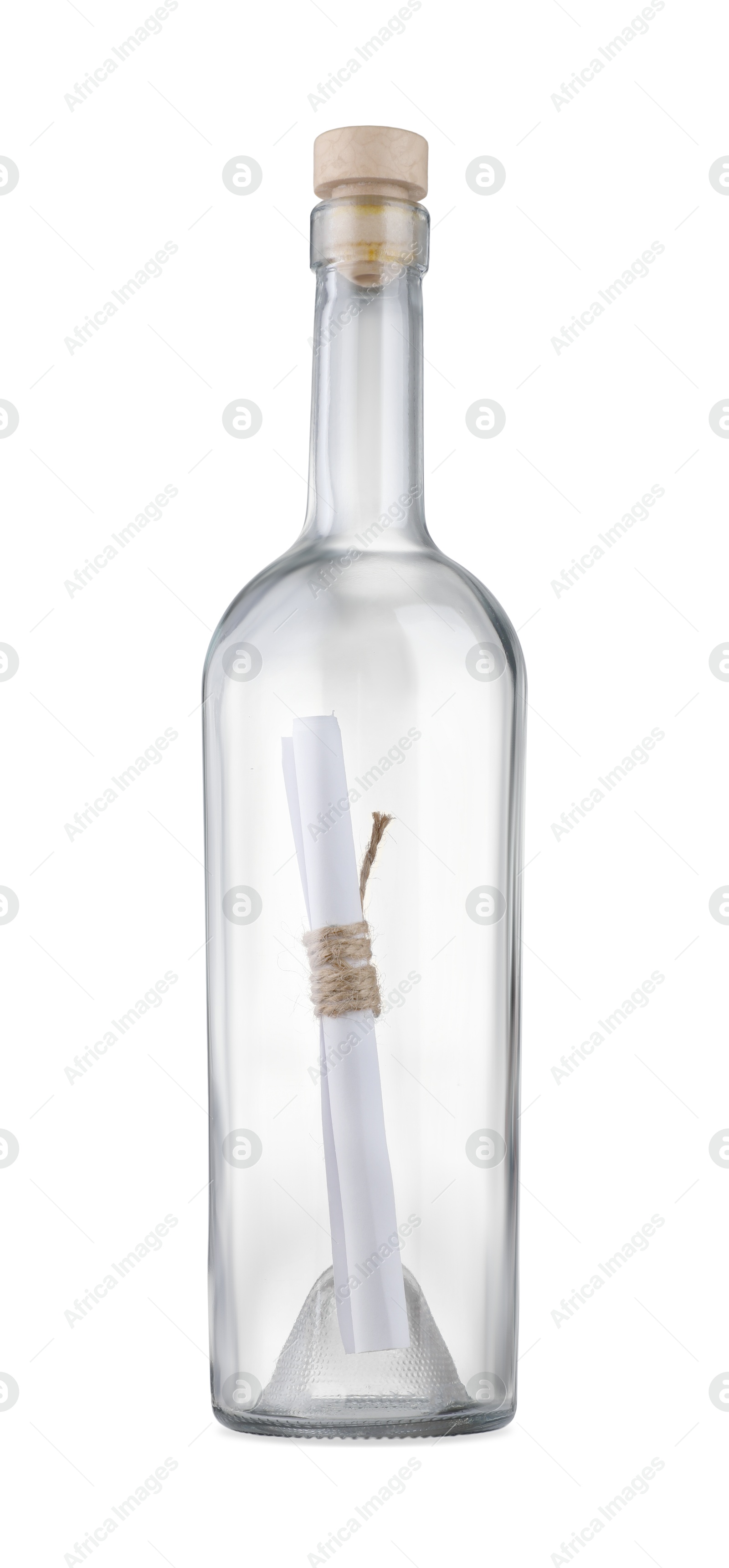 Photo of Corked glass bottle with rolled letter isolated on white